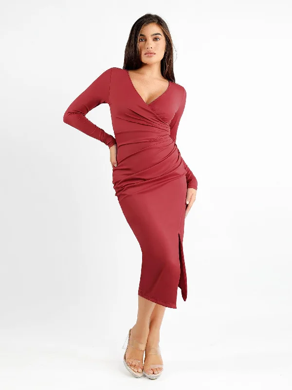 Women's Comfortable Lounge Attire Holiday Attire Sale Shapewear Ruched Long Sleeve Faux Wrap Slimming Midi Dress