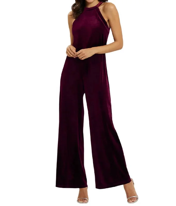 Women's Vacation Outfit Set Trend Alert Edie Velvet Jumpsuit In Garnet/sparkle