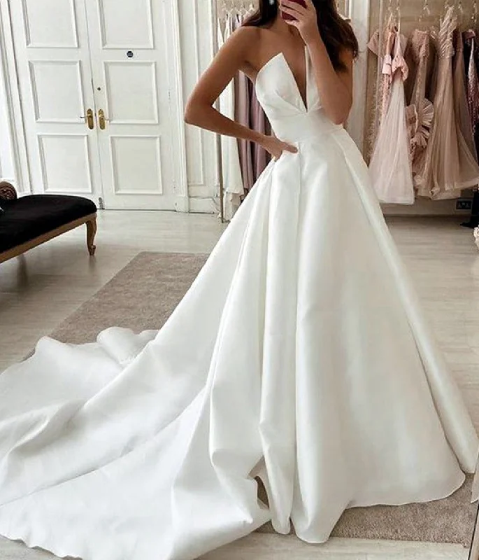 Women's Trendy Outfit Hot Styles Women A-Line Satin Wedding Dresses Sleeveless V-Neck Bridal Gowns YWD224