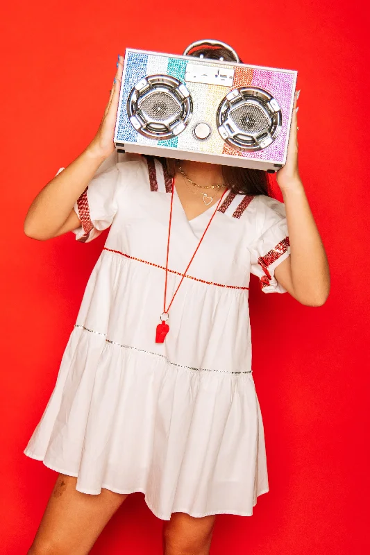 Ethnic Cultural Event Wear White/Bright Red Poof Sleeve QOS Jersey Dress