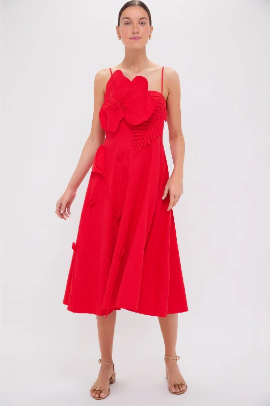 Women's Romantic Outfit Fashion Sale Red Garden Sleeveless Midi Dress