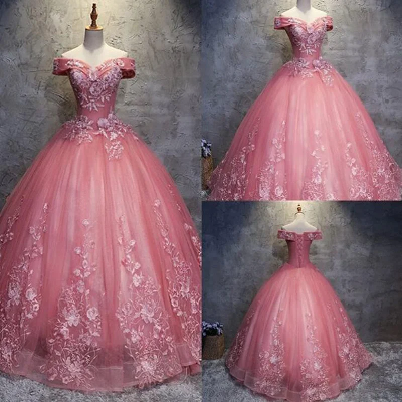 Women's Clothing For Travel Beat The Heat In Tropical Styles LP7892 Princess Off the Shoulder Lace Flower Prom Dress Bacll Gown Quinceanera Dress Pink Wedding Party Gown