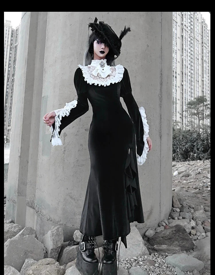 Sales Clothes New Japanese Flare Black Long Vintage Sleeve Trumpet Turtleneck Gothic Design Dress Patch Lace Original Dress