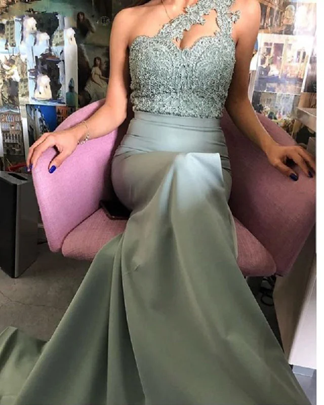 Women's Clothing Limited - Edition Drops Fashion Sage Green Fitted Lace Dress Bridesmaid One Shoulder Wedding Party Gown PL1203