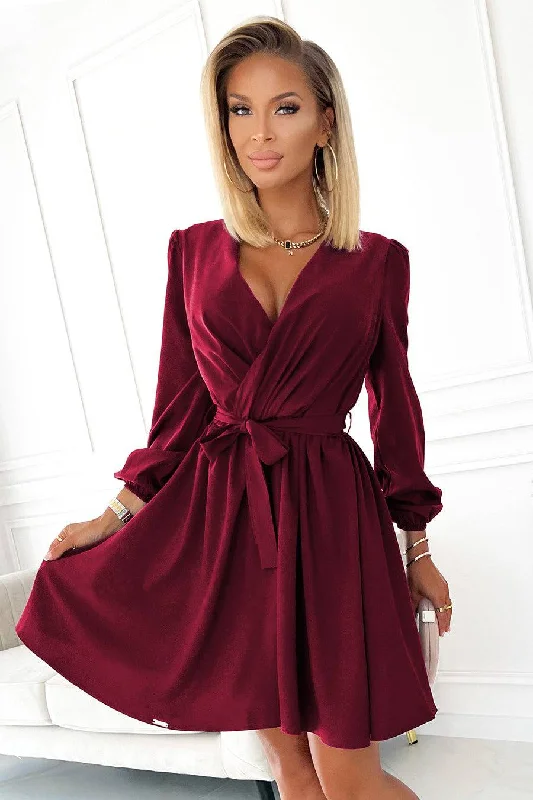 Cozy Chic Promotions Numoco 339-3 BINDY Feminine dress with a neckline - Burgundy
