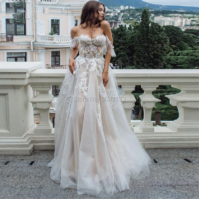 Women's Urban Clothing Fashion-Forward Roycebridal Sexy Sweetheart A Line Wedding Dresses Off Shoulder Champagne Liner Tulle Appliques Sleeveless Bridal Gowns Womens Formal