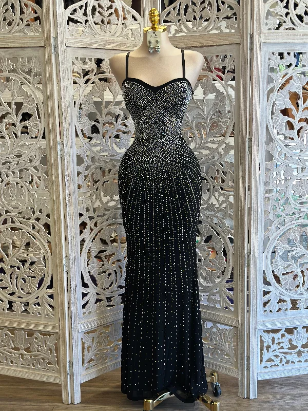 Women's Everyday Garments Trending Items Black Heart Line Rhinestone Gown- Stretchy, Estira