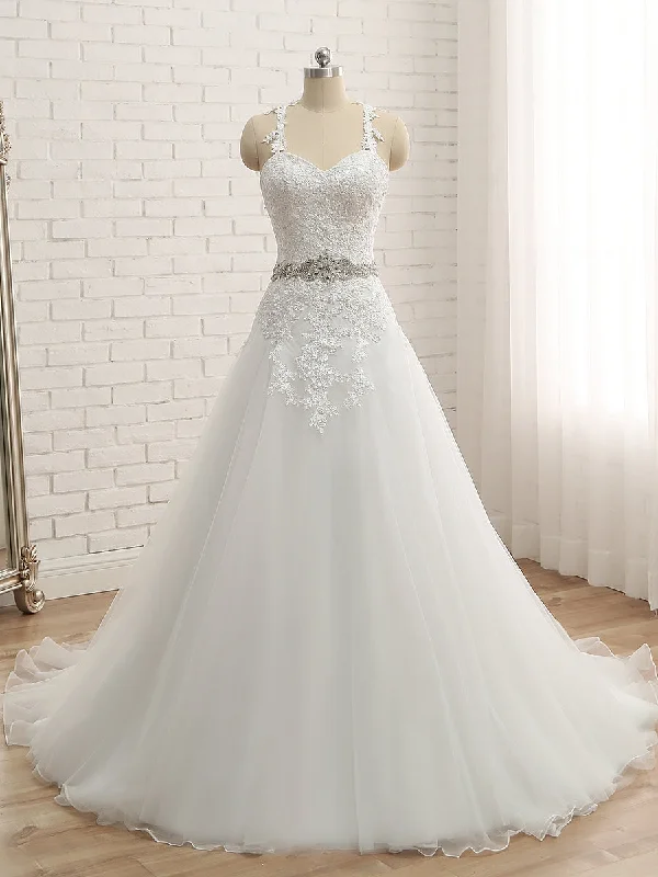 Women's Trendy Clothing Spring Fling Sale A-Line/Princess Spaghetti Straps Sleeveless Applique With Belt Tulle Floor-Length Wedding Dresses