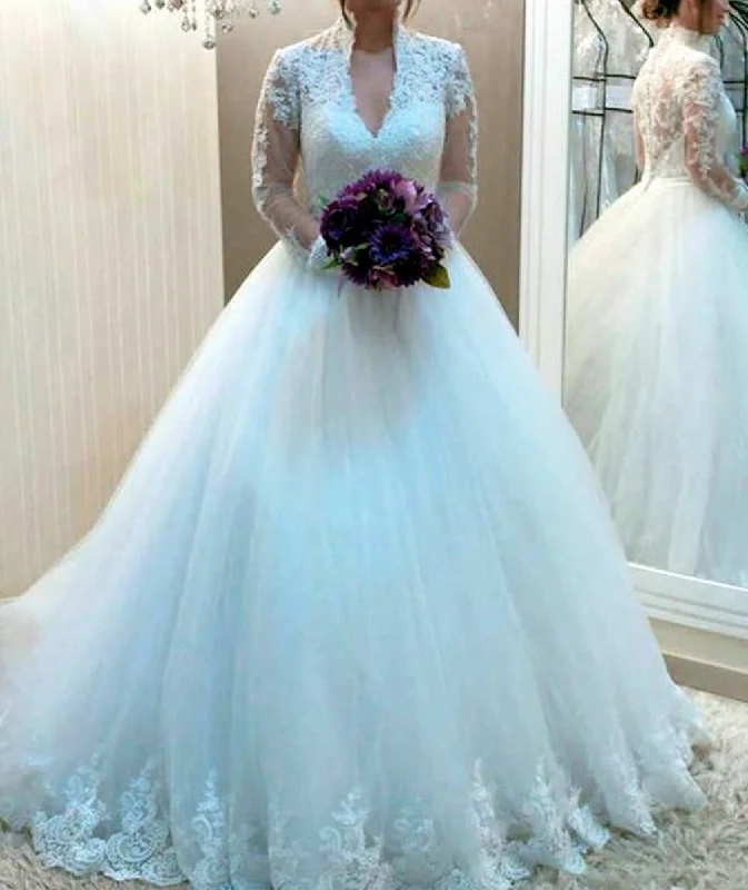 Women's Luxury Apparel Exclusive Designer Collection Women Ball Gown Appliques Wedding Dresses Long Sleeves Lace Bridal Gowns YWD194