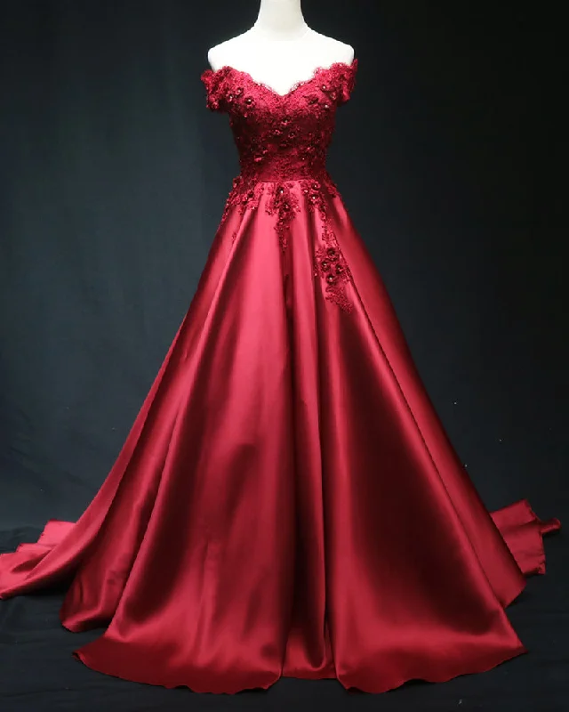 Affordable Women's Garments Travel Essentials Siaoryne Elegant Burgundy Red Off Shoulder Long Prom Dress , Lace Satin Wedding Party Dress PL08102