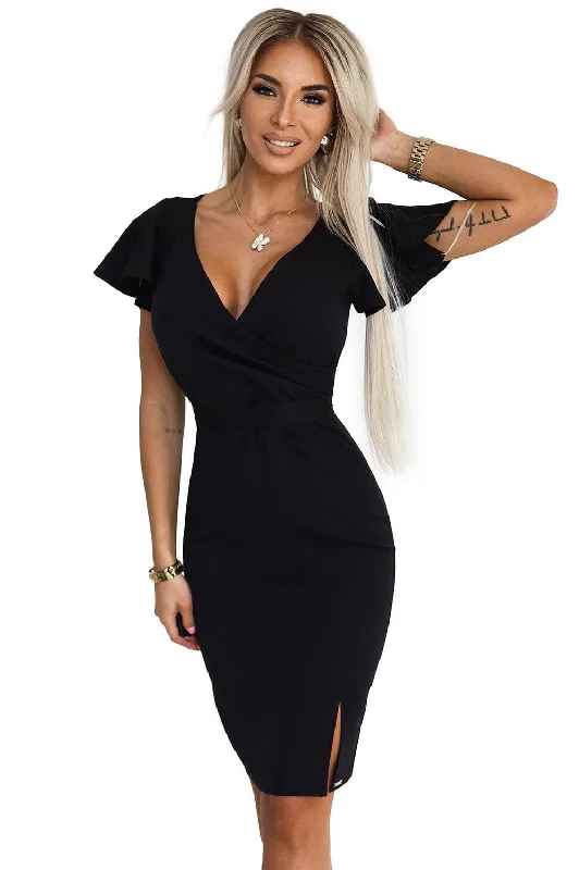 Spring Offer Numoco 479-9 NINA elegant dress with envelope neckline, sleeve and belt - black