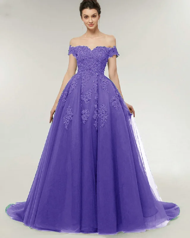 Elegant Women's Evening Garments Stupidly Low Prices Gorgeous Off the Shoulder Tulle and Lace Lavender Wedding Ball Gowns PL07101