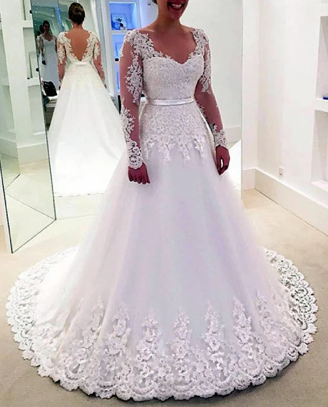 Casual Clothes For Women Chic Style, Always In Vogue Women A-Line Appliques Wedding Dresses Long Sleeves Lace Bridal Gowns YWD187