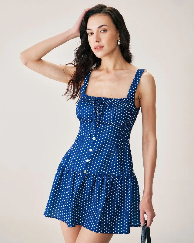Women's Evening Wear Outfit Art Deco Geometric Pattern Look Blue Polka Dot Ruched Slip Mini Dress Women's Evening Wear Outfit Art Deco Geometric Pattern Look Blue Polka Dot Ruched Slip Mini Dress