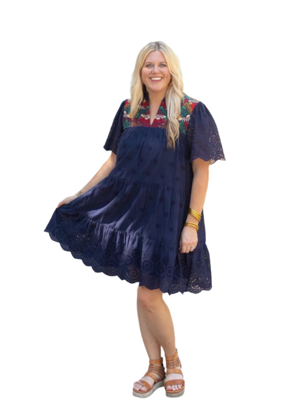 Women's Clothes For Outdoor Events Eyelet Embroidered Dress, Navy