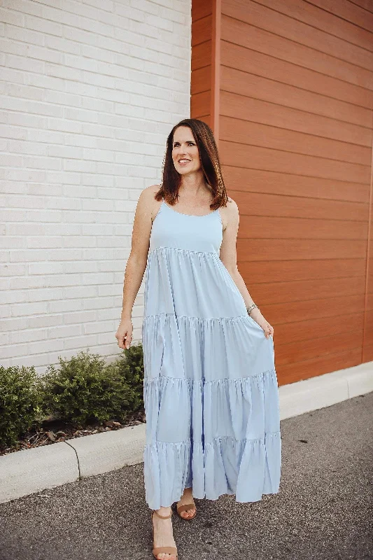 Women's High-Fashion Attire Style Streetwear Around the Sun Tiered Maxi Dress - Light Blue
