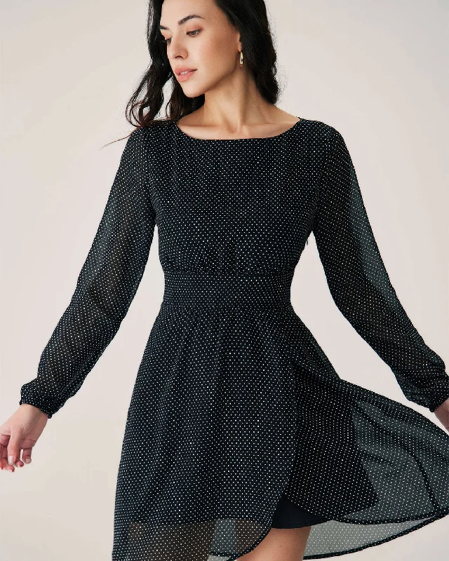 Women's Cozy Outfit For Lounging Rustic Countryside Charm Look Black Polka Dot Boat Neck Mini Dress Women's Cozy Outfit For Lounging Rustic Countryside Charm Look Black Polka Dot Boat Neck Mini Dress