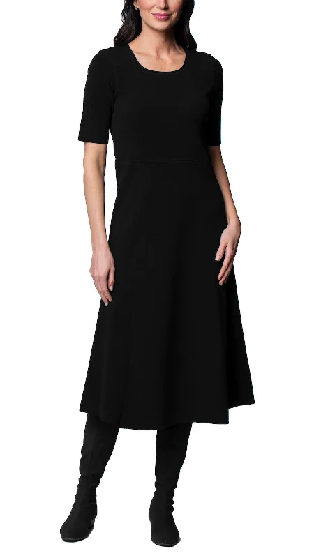 Women's Vintage Clothes Feminine Grace Nora Milano Knit Short Sleeved Fit-And-Flare Midi Dress; Black