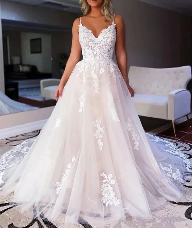 Women's Clothing For Work Holiday Sale Women A-Line Lace Wedding Dresses Sleeveless V-Neck Appliques Bridal Gowns YWD235