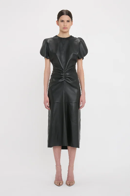 Women's Activewear Outfit Fashion Forward Outfits Gathered Waist Midi Dress In Soft Black Leather