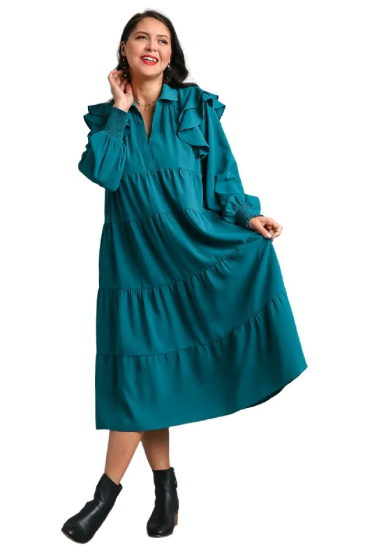 Sustainable Fashion Clothing For Women Exclusive Discounts Ruffle Long Sleeve Tiered Maxi Dress, Teal Sustainable Fashion Clothing For Women Exclusive Discounts Ruffle Long Sleeve Tiered Maxi Dress, Teal