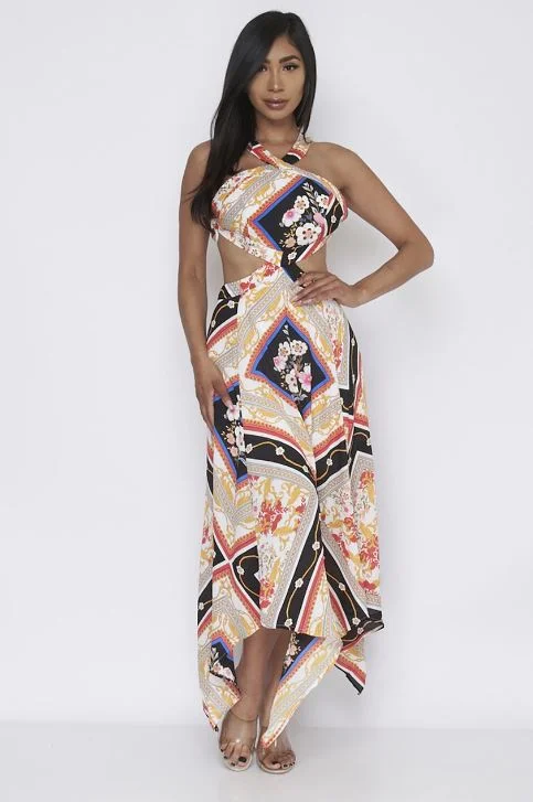 Women's Travel Garments Classic Timeless Elegant Style Black Multi Print Halter Neck Maxi Dress