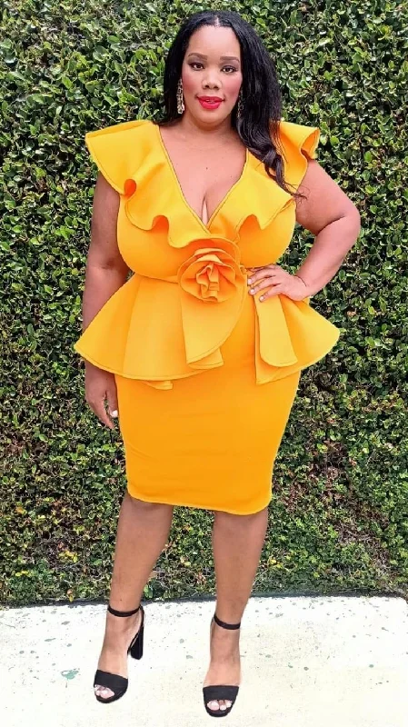 Time-Limited Discounts Just For You Plus Size Ruffed Hem Wrap Front Flower Design Peplum Dress