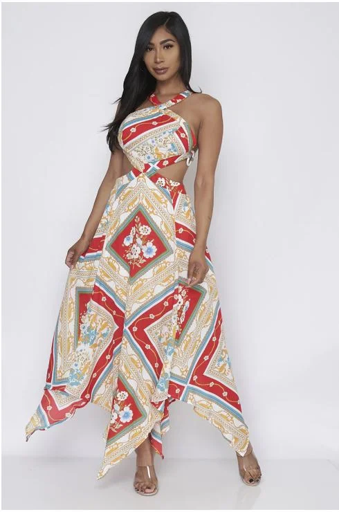 Women's Active Garments For Workouts Chic Urban Fashion Look Teal Multi Print Halter Neck Maxi Dress