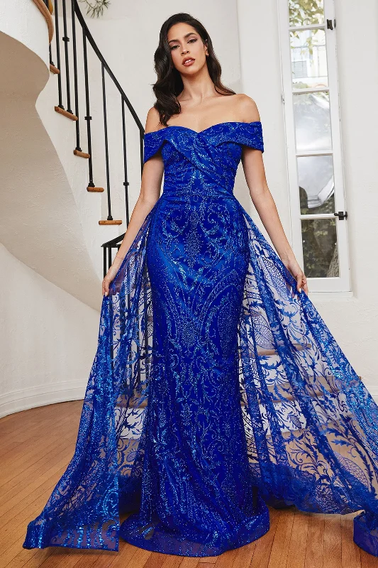 Flowy Fabric Off The Shoulder Short Sleeves Bodice Lace Vintage Guipure Over Skirt Long Gala Dress CDJ836