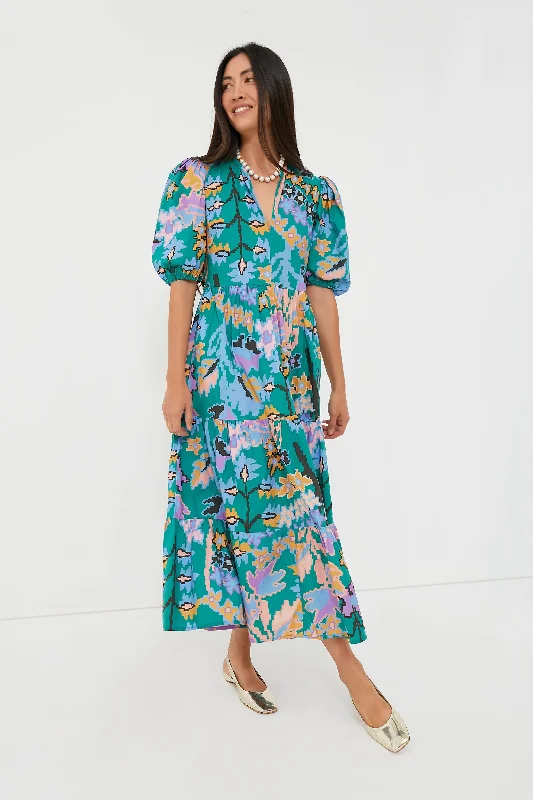 Women's Comfy Attire For Lounging Casual Elegance Green Bukhara Puff Sleeve Maxi Dress Women's Comfy Attire For Lounging Casual Elegance Green Bukhara Puff Sleeve Maxi Dress