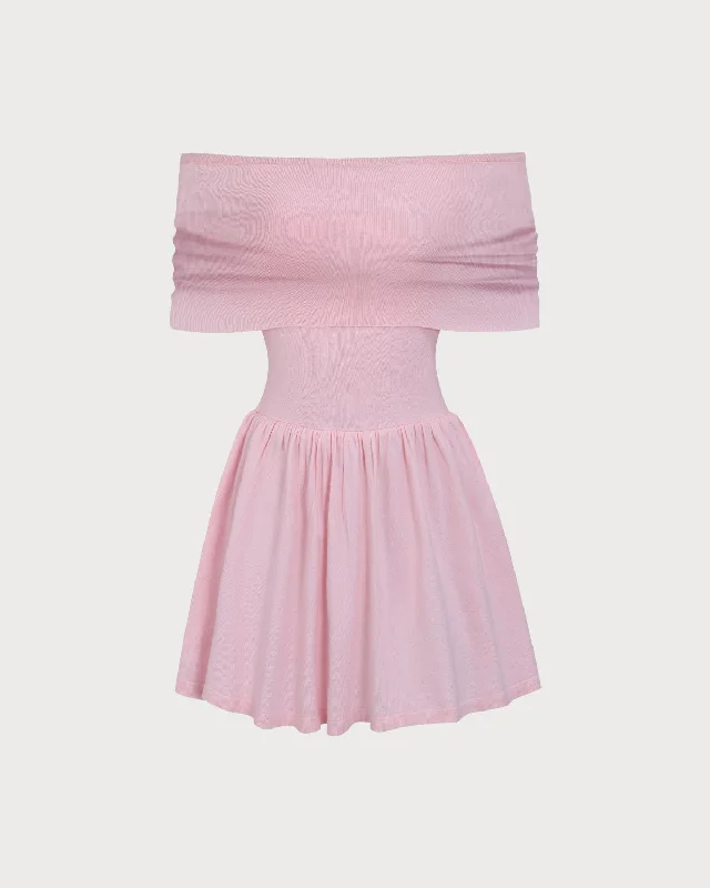 Women's Floral Print Outfit Flash Sale Women's Pink Off-shoulder Knit Mini Dress