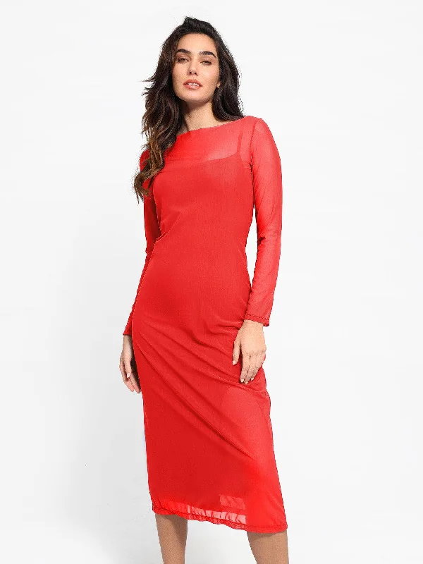 Women's Seasonal Garments Daily Deals Shapewear Slimming Midi Dress and Sheer Mesh Overlay Set