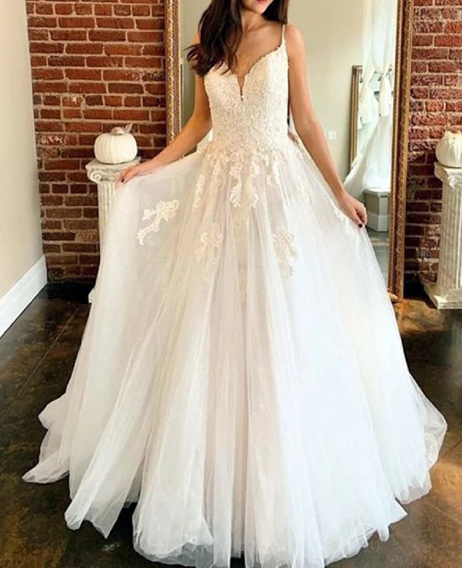 Women's Elegant Outfit Trend Alert Women A-Line Appliques Wedding Dresses Sleeveless V-Neck Bridal Gowns YWD222