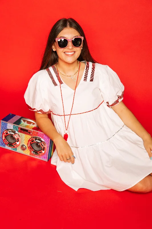 Women's Activewear Attire White & Crimson Poof Sleeve QOS Jersey Dress