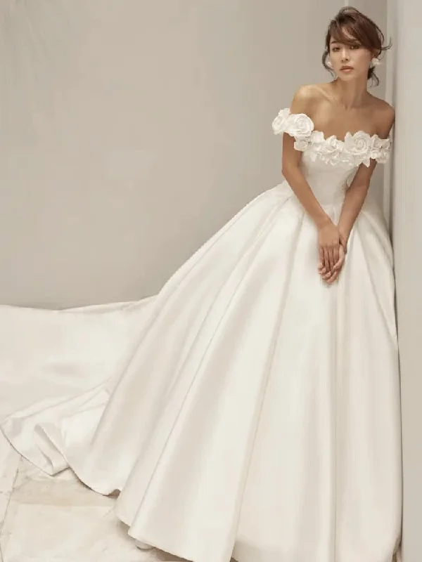 Women's Clothing For Outdoor Events Clearance Event Satin  Wedding Dress ,off Shoulder Bridal Wedding Dress, Flower  Dream Wedding Dress