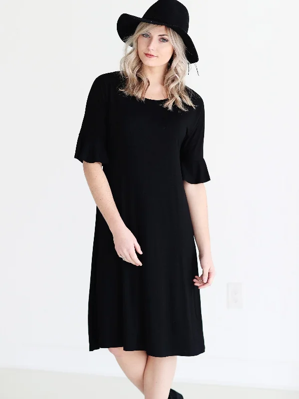 Women's Outfit For The Office Latest Trends Black DLMN Cropped Bell Sleeve Midi Dress Women's Outfit For The Office Latest Trends Black DLMN Cropped Bell Sleeve Midi Dress