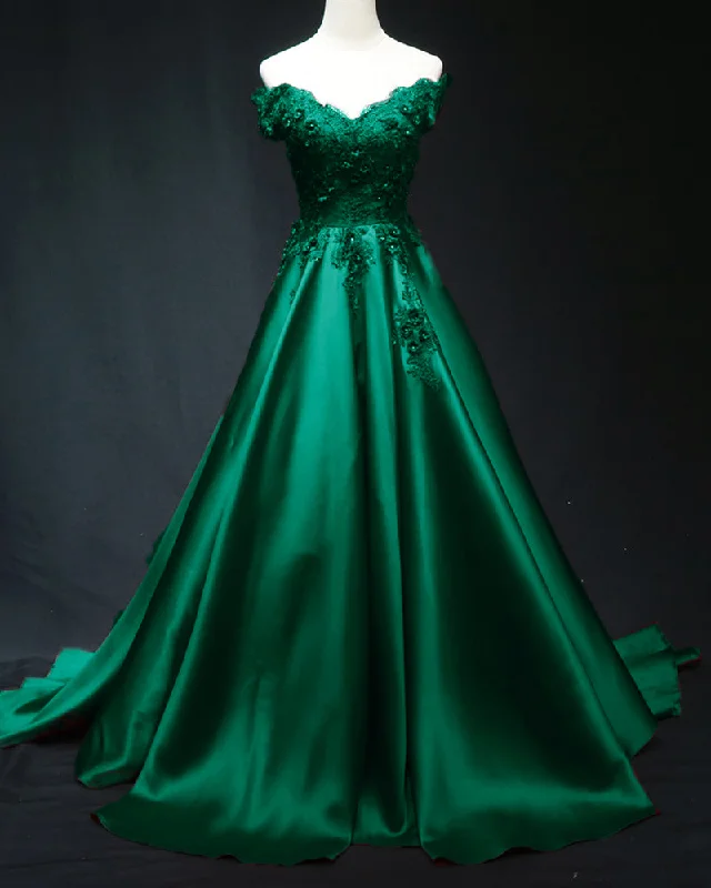 Women's High-Fashion Attire Final Sale Fashion Off the Shoulder Emerald Green Formal Dress Long.Lace Wedding Party Dress for Women PL0814