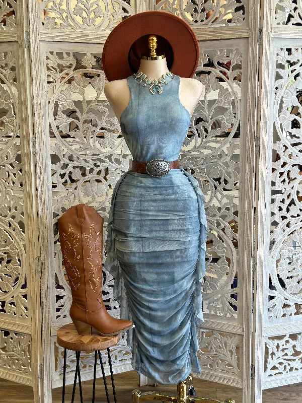 Women's Vacation Clothes Get The Latest Trends Blue Mock Neck Ruffle Midi Dress- Stretchy Women's Vacation Clothes Get The Latest Trends Blue Mock Neck Ruffle Midi Dress- Stretchy