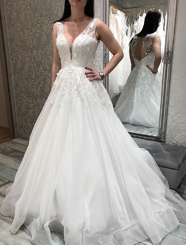 Women's Elegant Evening Attire Unbeatable Prices Women A-Line Appliques Wedding Dresses V-Neck Lace Bridal Gowns YWD206