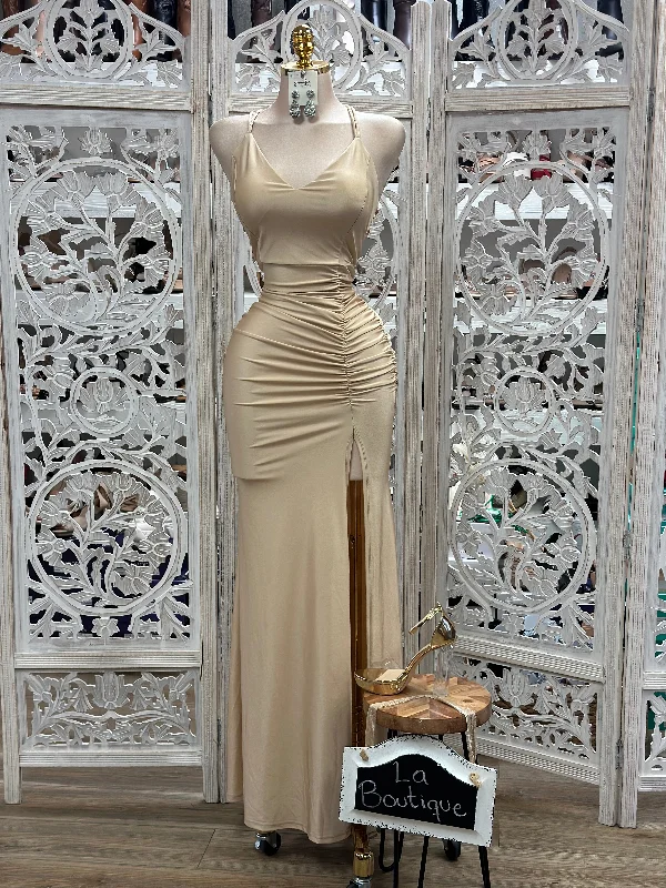 Women's Active Garments For Workouts Summer Fashion Champagne Ruched Gown- Slightly Stretchy, Estira Poco