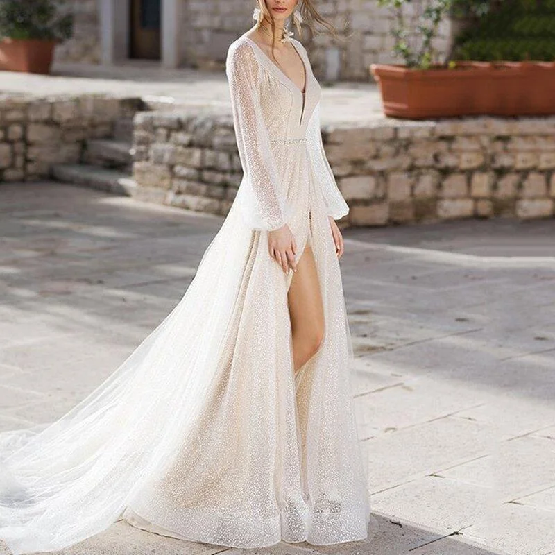 Affordable Trendy Clothes For Women Comfort Meets Fashion Roycebridal Women's Sexy Deep V-Neck Bishop Sleeve Bare Back Wedding Dress Affordable Trendy Clothes For Women Comfort Meets Fashion Roycebridal Women's Sexy Deep V-Neck Bishop Sleeve Bare Back Wedding Dress