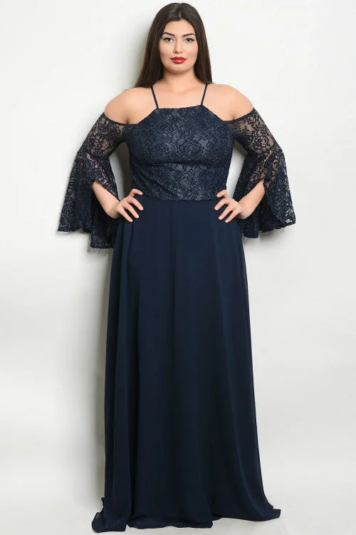 Women's Seasonal Clothes Unbeatable Deals Navy Blue Lace Bell Sleeve Plus Size Evening Gown
