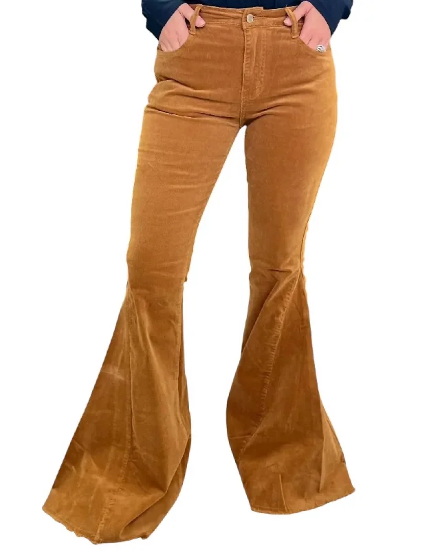 Women's Seasonal Apparel Relaxed Style Boho Lightweight Corduroy Bellbottom Pants In Camel Women's Seasonal Apparel Relaxed Style Boho Lightweight Corduroy Bellbottom Pants In Camel