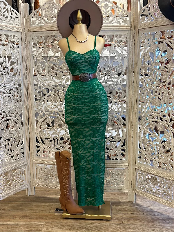 Women's Vacation Clothes Seasonal Fashion Dark Green Lace Maxi Dress- Stretchy