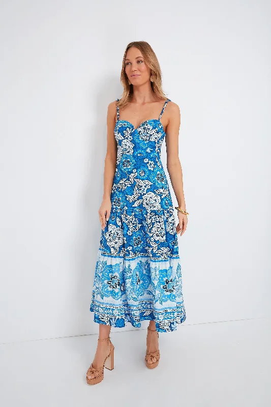 Stylish Women's Garments For Holidays Limited Time Offer Full of Flowers Blue Midi Dress