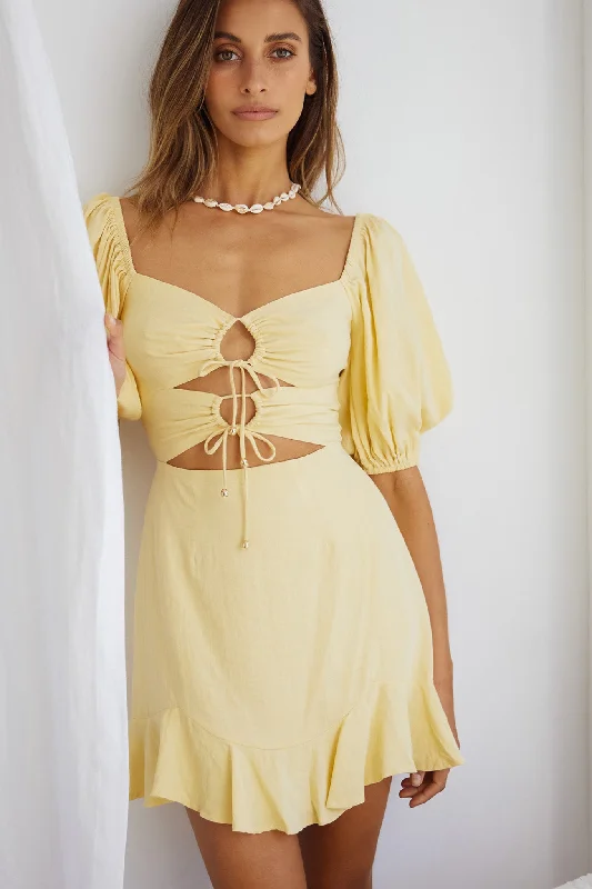 Women's Occasion Wear Clothing Flowy Fabric Alma Drawstring Circle Bust Puff Sleeve Mini Dress Yellow