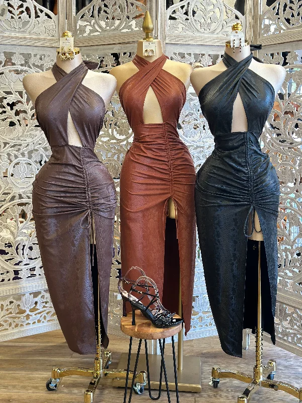 Elegant Women's Evening Garments Special Offers, Don't Miss Cross Front Snake Print Faux Leather Midi Dress- Stretchy