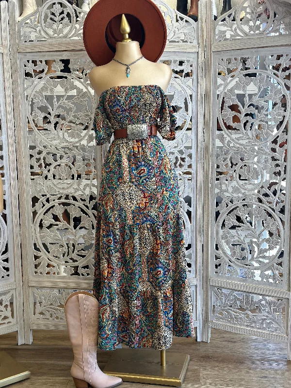 Women's Trendy Attire Inspired By You, Designed For You Patterned Multicolor Smocked Midi Dress- Stretchy