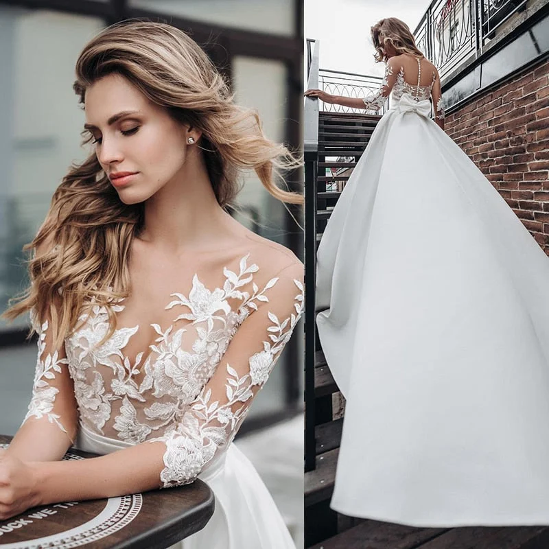 Women's Transitional Clothes Ethnic Cultural Event Wear Roycebridal Satin Wedding Dresses Boho Short Sleeves Bow Pocket Bridal Dress Lace Appliques Wedding Gown Custom Made