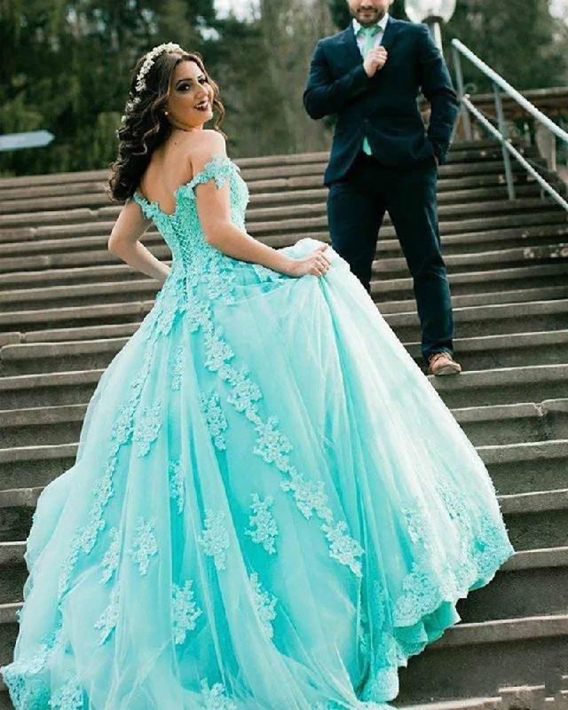 Women's Party Outfit Chic Styles Off the Shoulder Mint Green/Blue GownProm Lace Quinceanera Dress Debutante Sweet 16 Gown, Ball Wedding Party dress PL11124